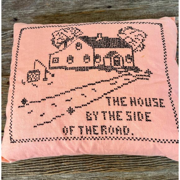 Vintage 1930s Feather Pillow Cross Stitched "the House by the Side Of the Road" - Picture 11 of 14